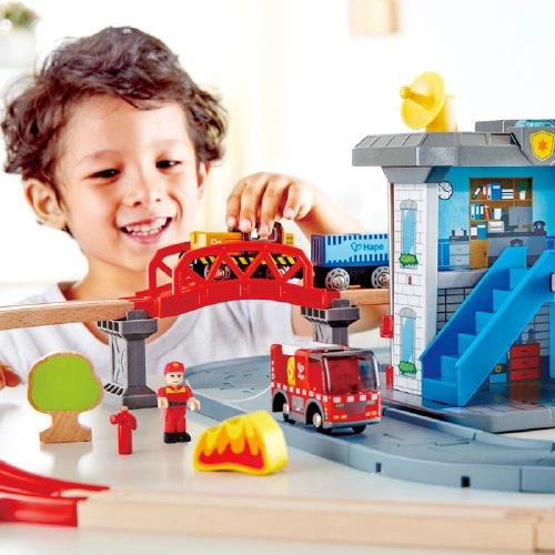Hape Train Track Emergency Rescue Station Set for 3-Year-Old Children, Police Car, Fire Truck, Wooden Smooth Toys for Boys and Girls