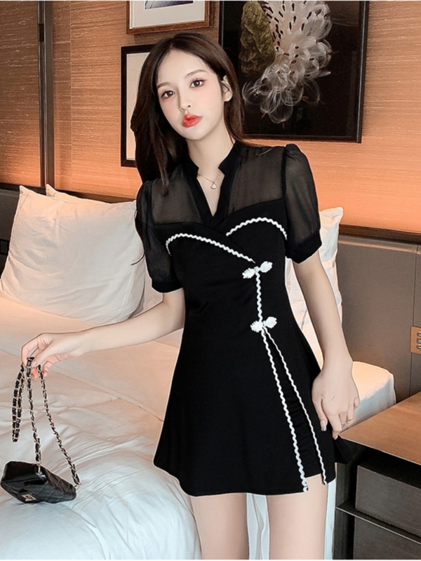 Improved Cheongsam Dress for Women, Summer Soft-Style Foot Massage Workwear, Foot Bath Technician Work Uniform, Black Shorts Two-Piece Set