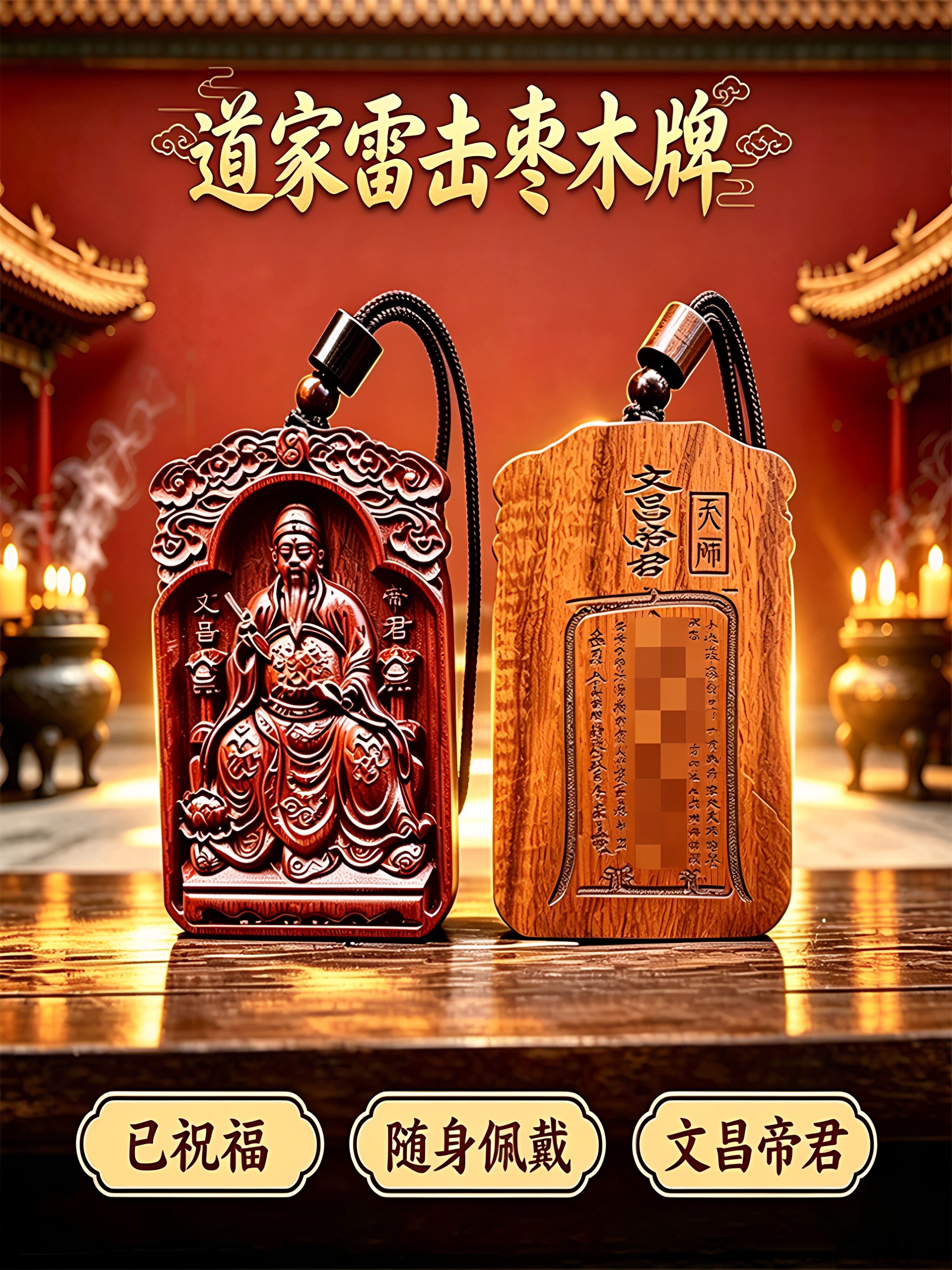 龍虎山雷擊棗木紫薇諱吊墜 道家平安護身令牌
