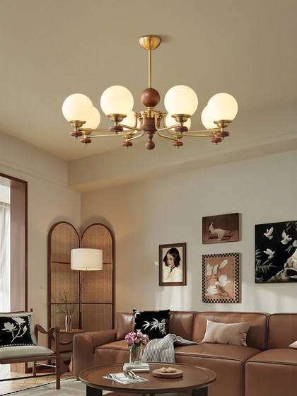 French Mid-Century Style Living Room Main Chandelier, American-Style Magic Bean Retro Walnut Wood Simple Bedroom Guesthouse Restaurant Lighting Fixtures