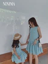 Nini mom summer New temperament solid color sleeveless vest skirt loose stitching pleated dress parent-child