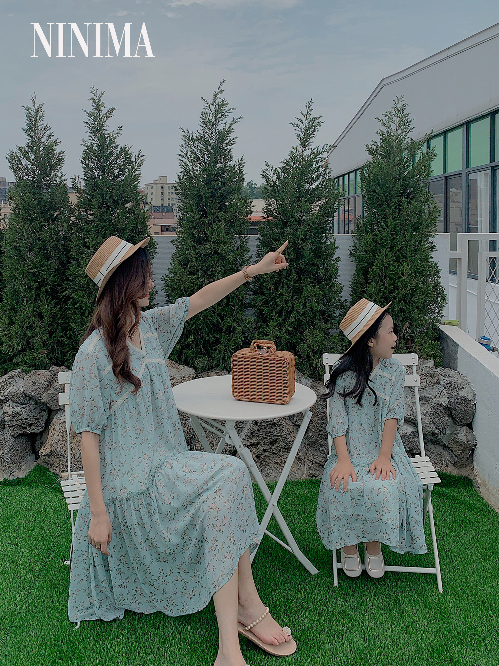 Ninima Fairy Summer Retro Atmosphere Floral Dress V-neck Mid-Length Large Skirt Cake Skirt Parent-child