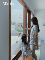 Summer special Chinese wind modified flangrobe temperament small retro ink blue painting dress parent child