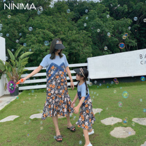 Nini Ma 2020 Summer new T-shirt skirt mother and daughter Korean version of thin fake two floral dress parent-child dress