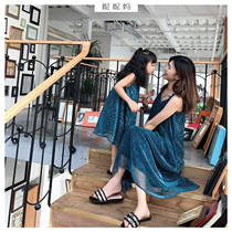 Nini mother parent-child blingbling bright silk lake blue suspenders temperament fairy dress fairy dress pleated long skirt