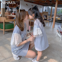 Niney Mothers Child Clothing 2021 Spring New Lace Specifications Letter printed with loose T - shirt gray mother - daughter dress