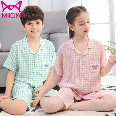Boys Plaid pajamas Girls summer thin home clothes Medium and large children's short-sleeved suit Teenagers can wear T-shirts outside