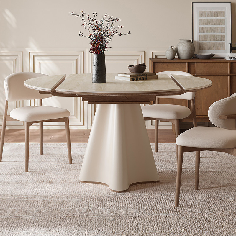Second-Hand Cream-Colored Slate Dining Table, Convertible into a Round Table, Home-Use Solid Wood Dining Table, Small Apartment French-Style Dining Table, Simple and High-End