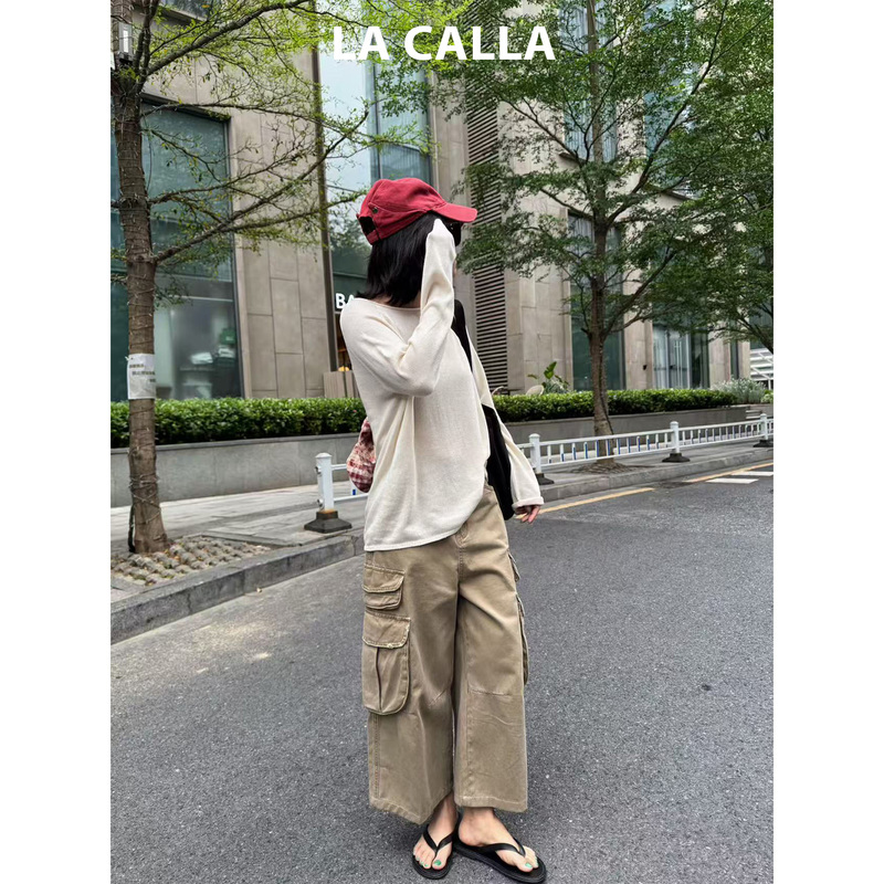 Shen Qiuqiu La Calla100 Cotton Spring and Autumn Retro Multi-Pocket Functional Versatile Cargo Pants for Women Bl-Wp7280