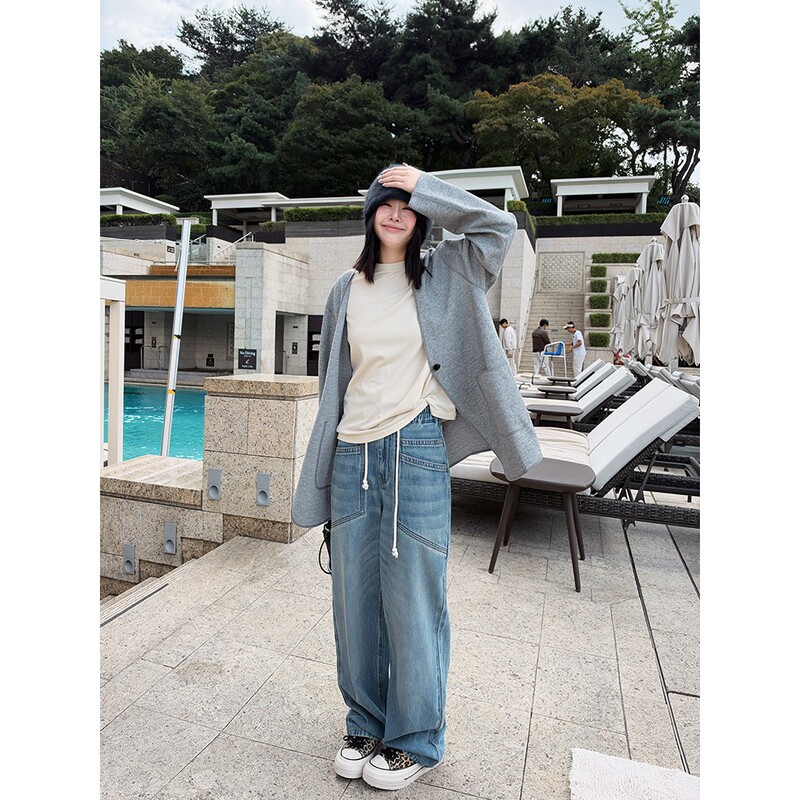 Shen Qiuqiu La Calla Washed Full Elastic Three-Dimensional Patch Pocket Light Denim Wide-Leg Jeans Spring and Autumn Bl-Ao12261