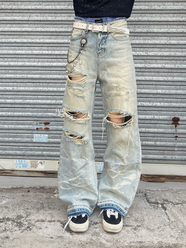 Golden08 American Retro Style Ripped Washed Jeans High Street Cool Vibe Trendy Long Pants