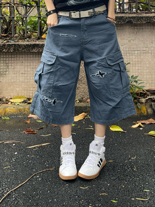 Golden08 Retro Blue Work Pants with Ripped and Stitched Design, Loose Wide-Leg Casual Shorts
