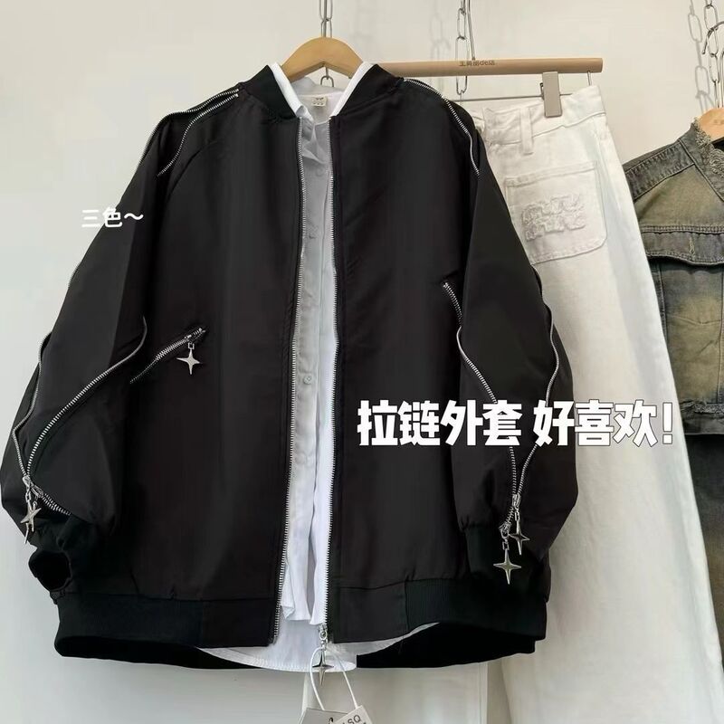 Sweet and Cool Style Irregular Zipper Jacket for Women, Spring Trendy Brand Loose Casual Couple Stand Collar Pilot Hip-Hop Jacket