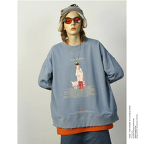 UNVESNO 18AW retro kid with pig print loose couple autumn and winter round neck sleeve sweater