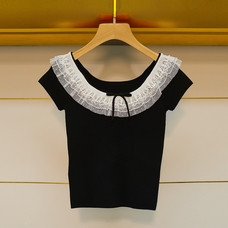 Black Knitted Sweater for Women, Summer Short-Sleeve 2026 New Style, High-End Lace Ruffle Bow Slim-Fit Top
