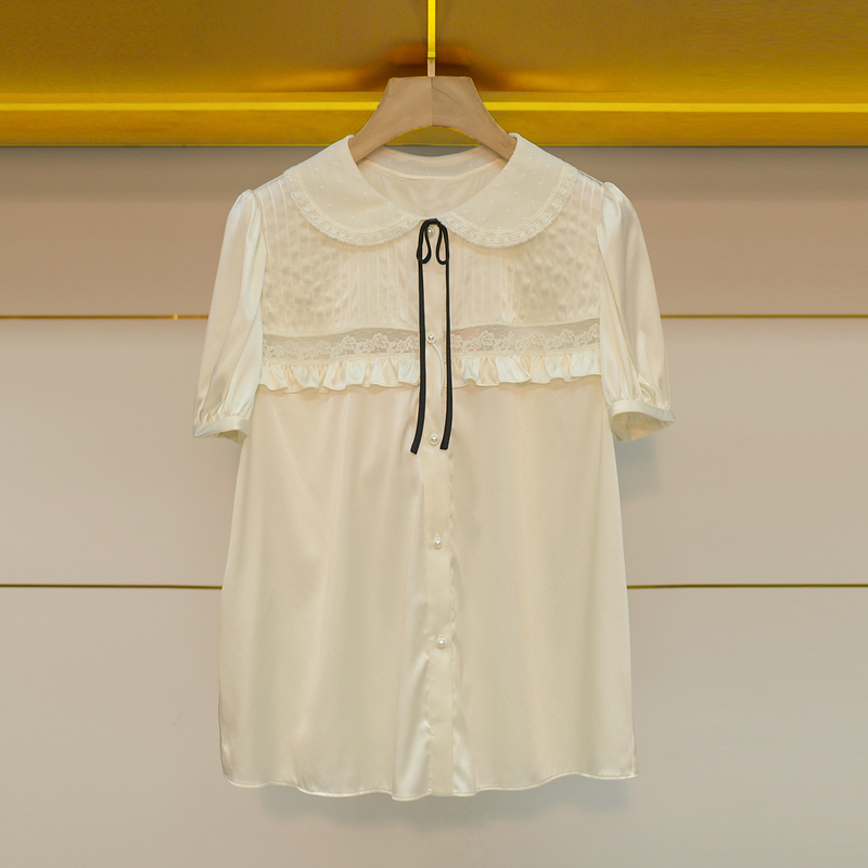 Light Luxury and High-End Feel, Exquisite Silk Shirt for Women, 2026 New Summer Style, Doll Collar, Lace Ruffle Short-Sleeve Top