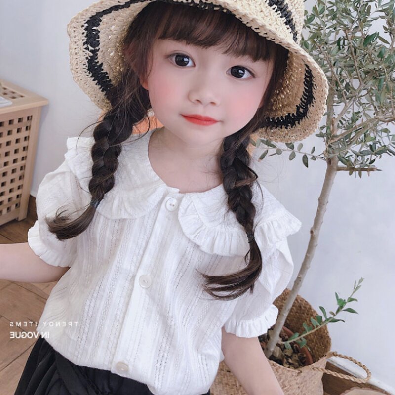 Girl White Doll Collar Shirt Little Girl Trend Foreign Pie Trendy Blouse Wave Baby Summer Child Short Sleeve Shirt