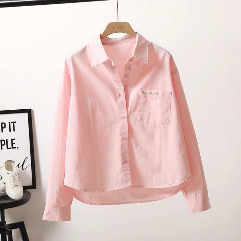 Short Cotton Shirt for Women 2024 Fashionable Embroidered Letter Pocket Loose Casual Shirt Versatile Casual Top