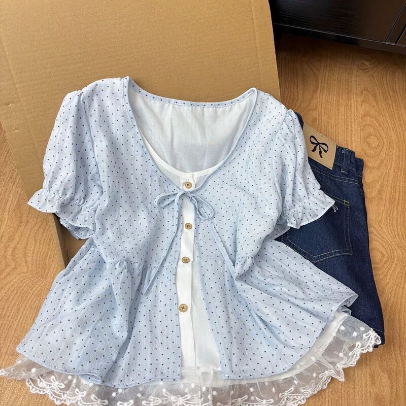 White Thin Polka Dot Faux Two-Piece Short-Sleeve Shirt for Women, Summer Lace Trim Patchwork Tie Button Puff Sleeve Top White Thin Polka Dot Faux Two-Piece Short-Sleeve Shirt for Women, Summer Lace Trim Patchwork Tie Button Puff Sleeve Top