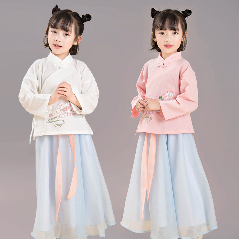 Hanfu Girls Chinese Wind Baby Tang Suit Spring and Autumn Improved Republic of China Ancient Costume Children Confucian Skirt Super Fairy Little Girl Set**