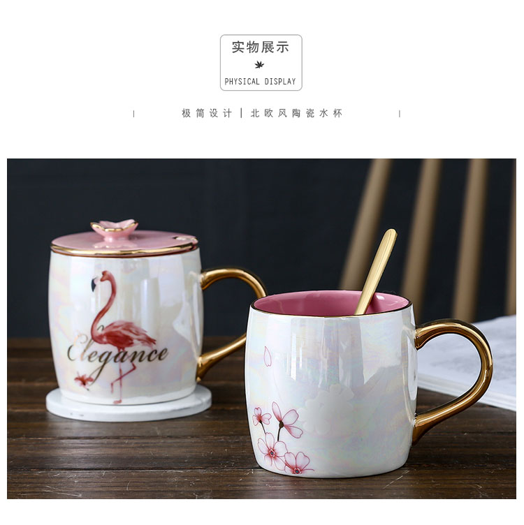 Shu of ins design dazzle see flamingos getting water pearl glaze ceramic keller cup coffee cup with cover with a spoon