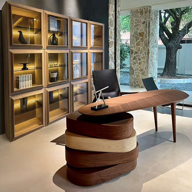 Modern Solid Wood Office Desk, Italian Minimalist Desk, Executive Desk, Boss Desk, Walnut Color Study Room, Retro Rotating Desk