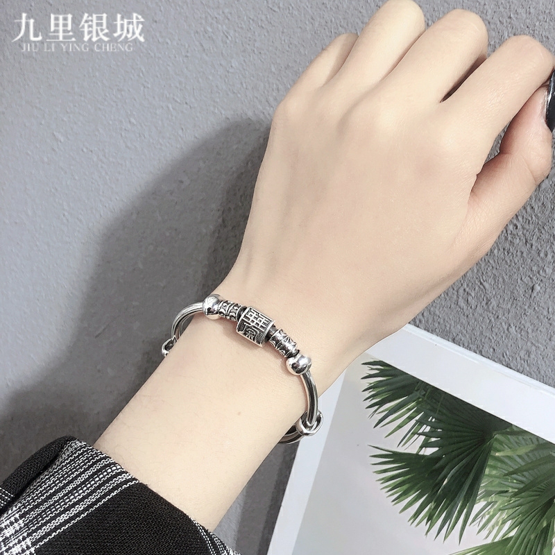 S999 Pure Silver Year after Year of Abundance Solid Vintage Bracelet for Women, Young Style, Push-Pull Adjustable Bangle, Gift S999 Pure Silver Year after Year of Abundance Solid Vintage Bracelet for Women, Young Style, Push-Pull Adjustable Bangle, Gift