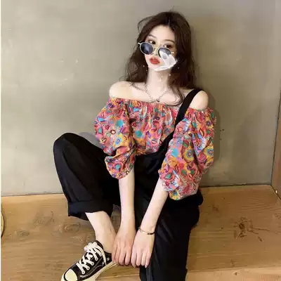French floral clavicle shoulder bubble sleeve t shirt blouse women's shirt 2021 summer new short sleeve chic age reduction