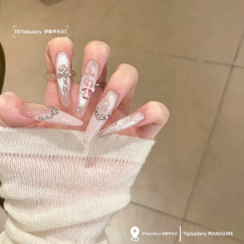 [Reversible Sweetheart] Handmade Wearable Nails Sweet Cool Style Fine Glitter French Light Pink Water Gloss Cat Eye Crow Heart Nail Stickers
