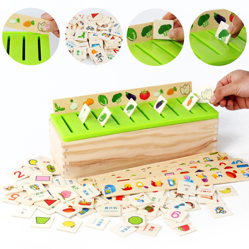 Early Teach Wooden Children Shape Matching Knowledge Classification Box Teaching Aids Digital Fruit Patterns Classified Puzzle Toys