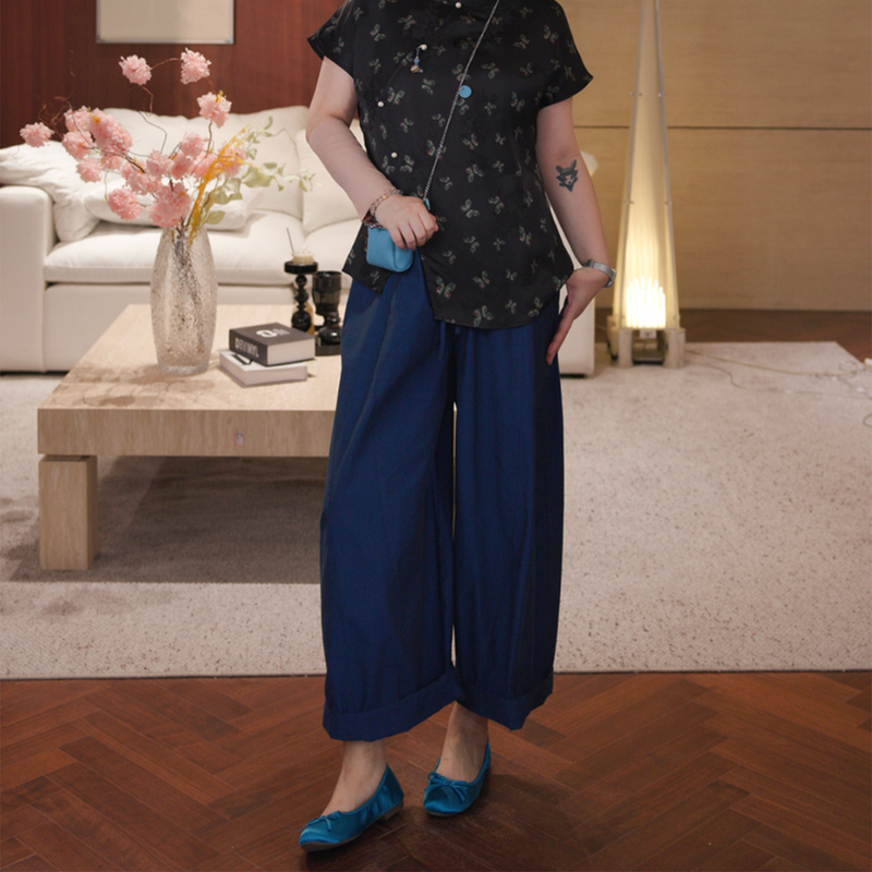 Ouyang Beini Plus-Size Women's Clothing Pure Cotton High-Waisted Wide-Leg Straight Casual Pants Summer Loose Long Trousers 9520