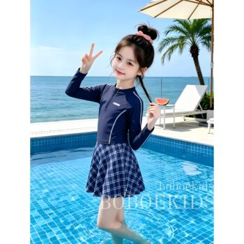 Counter high-end girls' suit swimsuit summer 2026 new long-sleeved round neck letter top skirt plaid kids