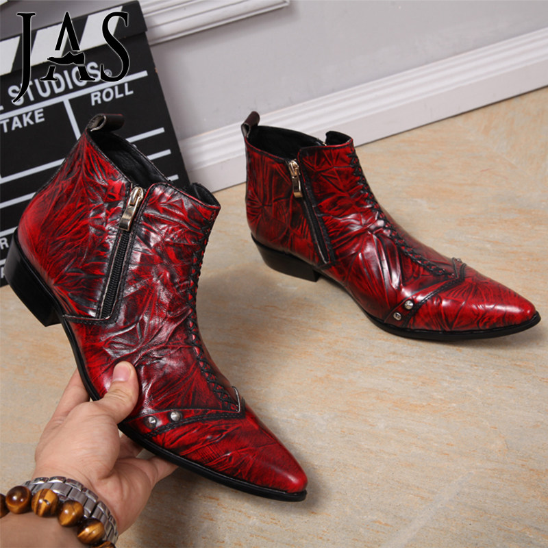 JAS men pointed hair stylist boots red English tide high-band stage Martin boots personality leather shoes