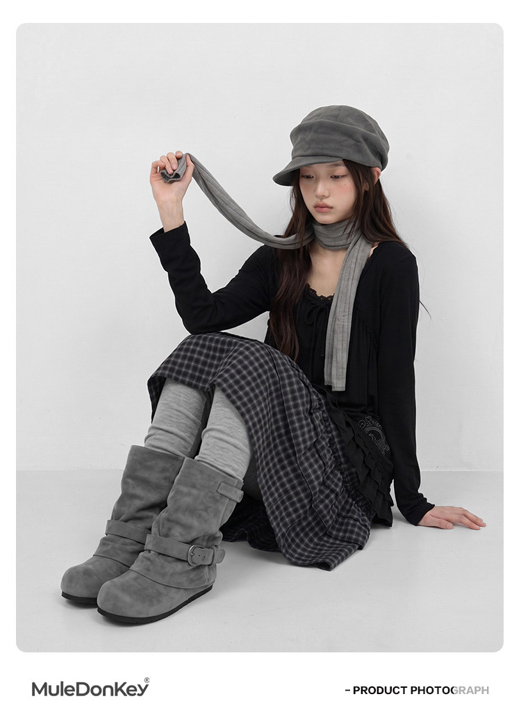 Mule Donkey Suede Buckle Strap Slouch Boot