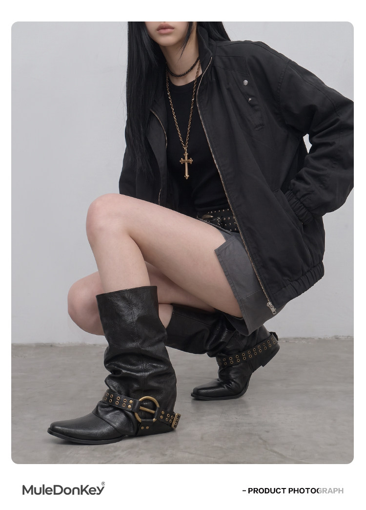 Mule Donkey Studded Pointed-Toe Mid-Calf Boots