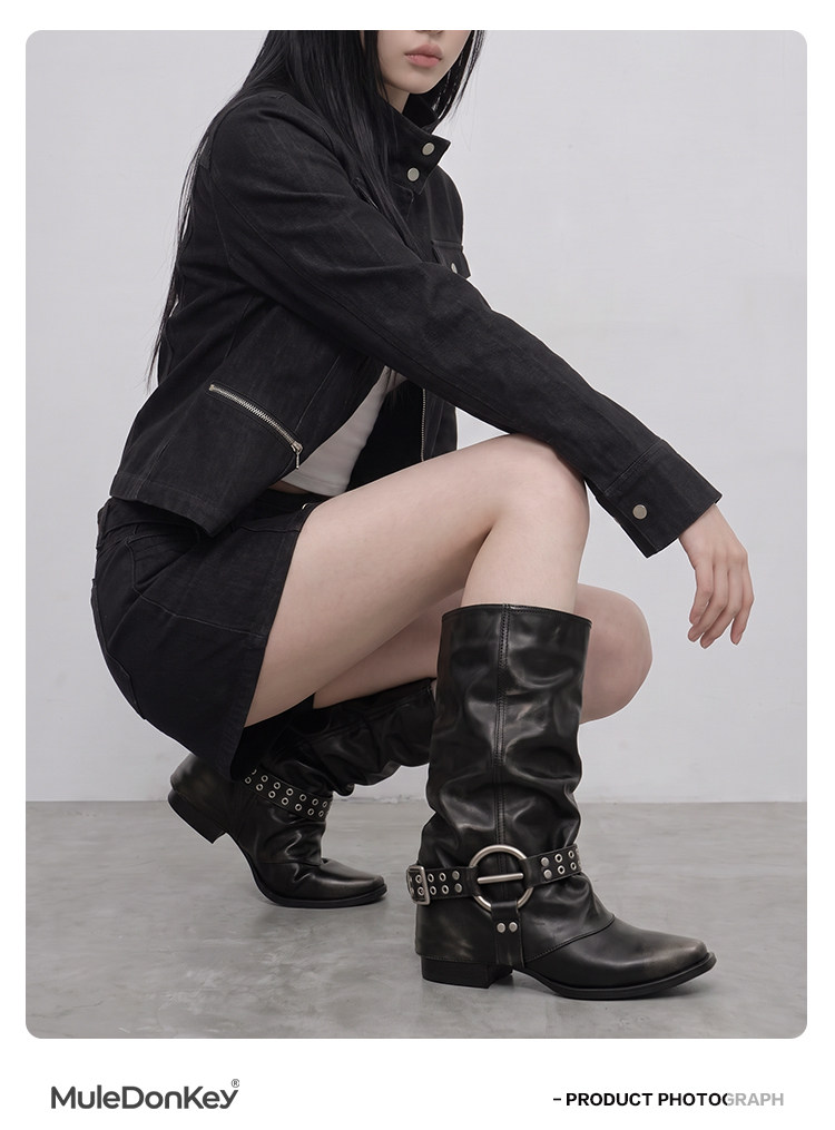Mule Donkey PU Pointed-Toe Mid-Calf Boot