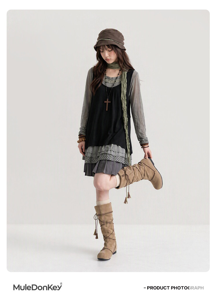 Mule Donkey Suede Round-Toe Western Mid-Calf Boot