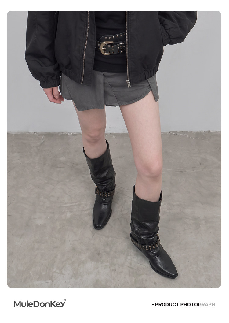 Mule Donkey Studded Pointed-Toe Mid-Calf Boots
