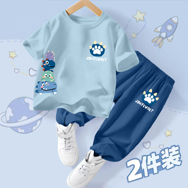Children's Summer Pure Cotton Short-Sleeved Ice Silk Jogger Pants Two-Piece Set Boys' Stylish New T-Shirt Cartoon Children's Clothing