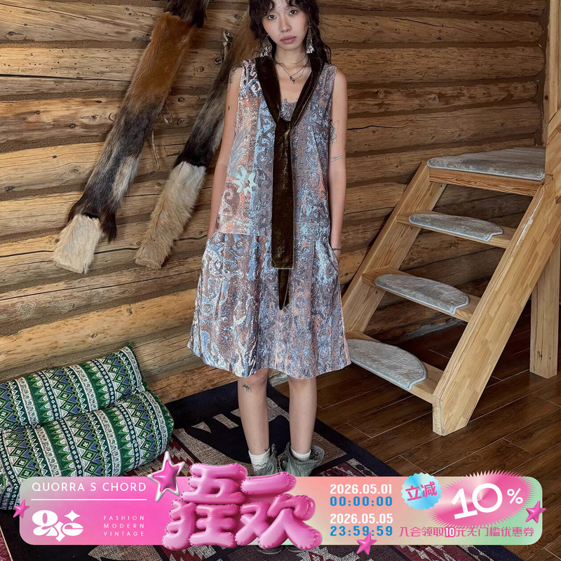 Qsc Muhua Series Faux Silk Velvet Glossy Sleeveless Tie Dress with Kazakh Patterns for Urban Nomad Style