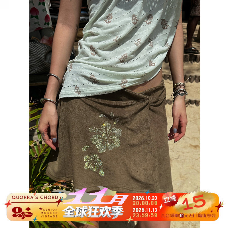 Qsc Original Pure Cotton Khaki Hibiscus Flower Rhinestone Towel Material Versatile Skirt with Hooded Shawl