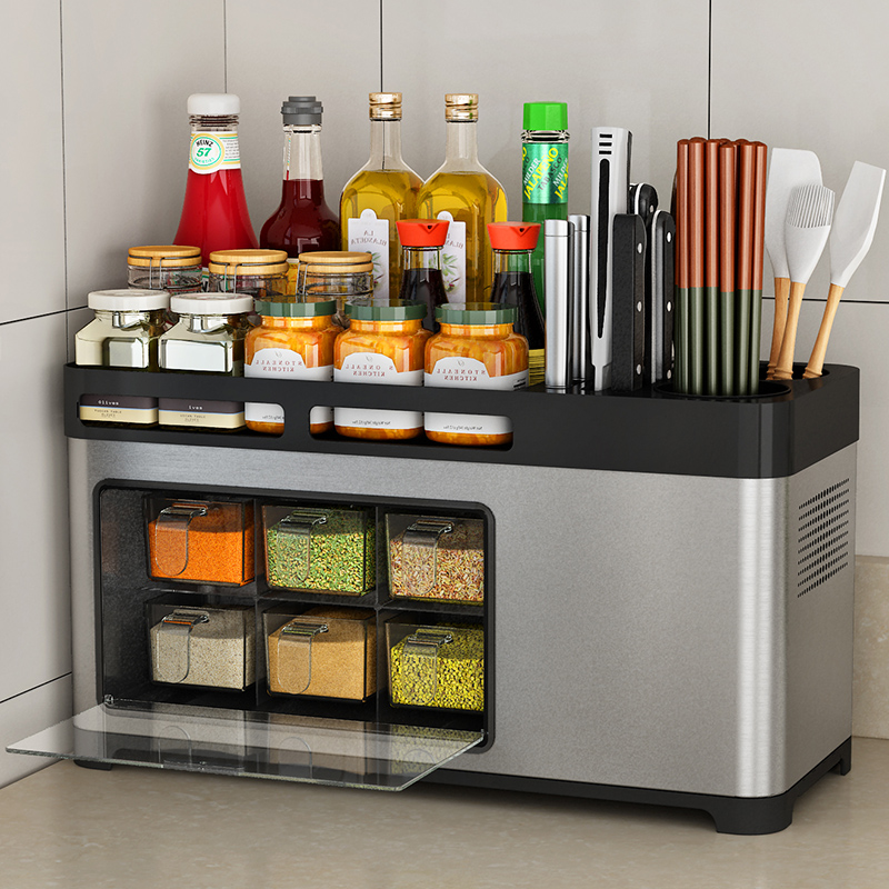 Seasoning Box Integrated Kitchen Seasoning rack with lid Salt sugar MSG Stainless Steel Home Zo Box Combined Mount