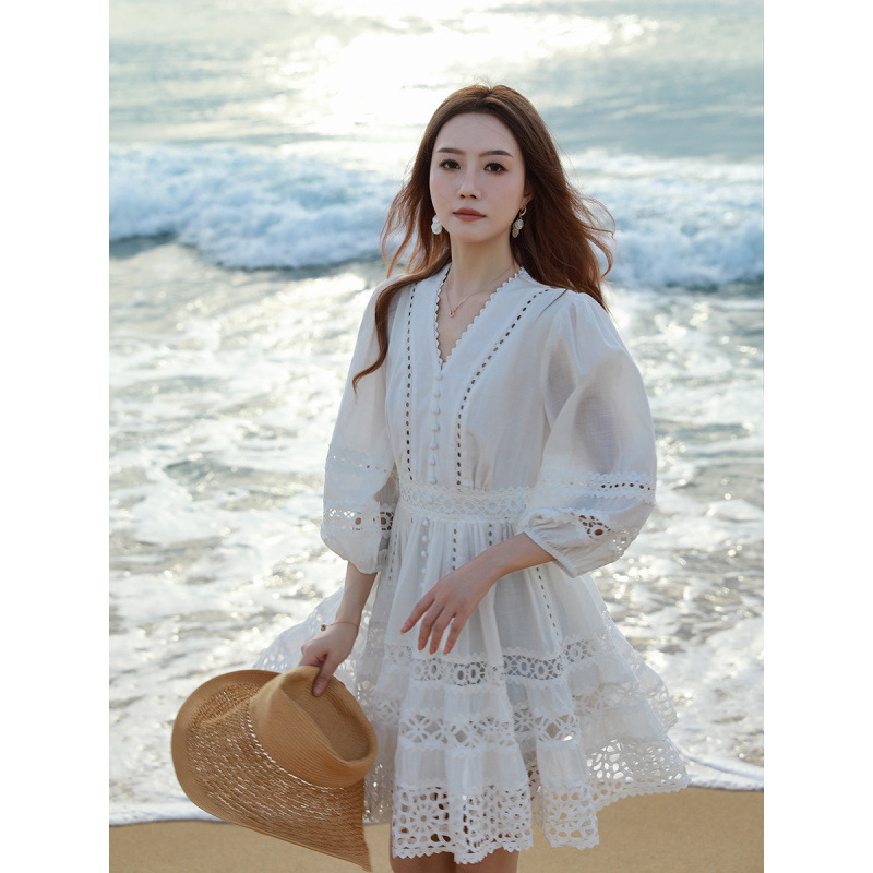 White Lantern Sleeve V-Neck Dress, New Summer Embroidered Hollow Long-Sleeve Dress That Makes You Look Younger and Slimmer, Small White Dress F976