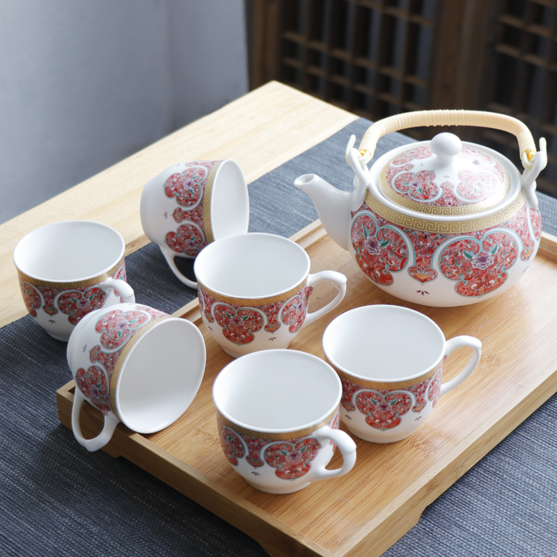 Yu kiln sweet enamel color Jingdezhen ceramic tea set group houseBuilt teapot cup cup cup cup cup cup Chinese 3 color