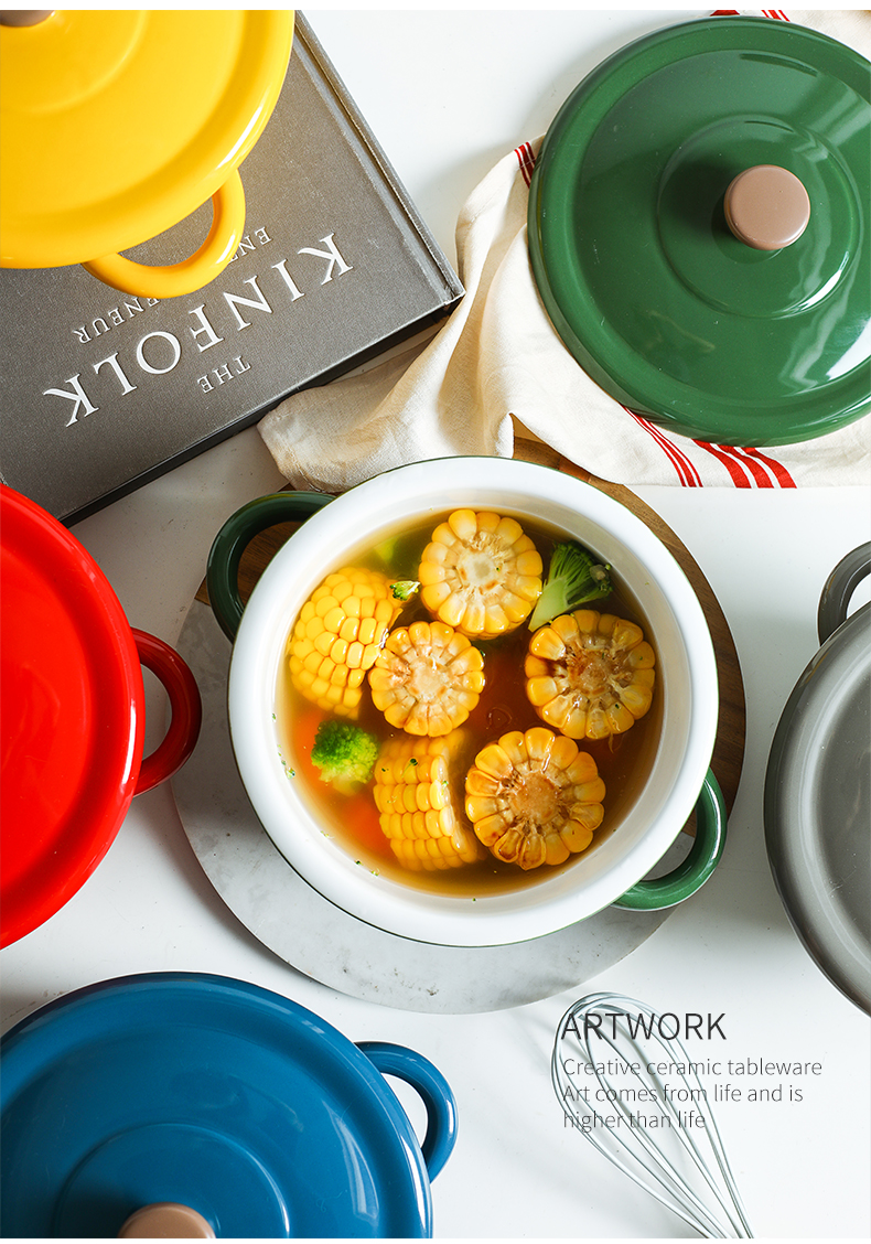 Korean students' dormitory noodles li riceses leave household ceramics with cover the hot ears creative soup bowl