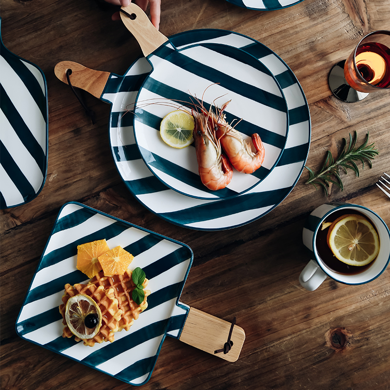 Creative Nordic under glaze color ceramic tableware acacia wood handle plate steak dinner plate pasta dish dish Nordic tableware