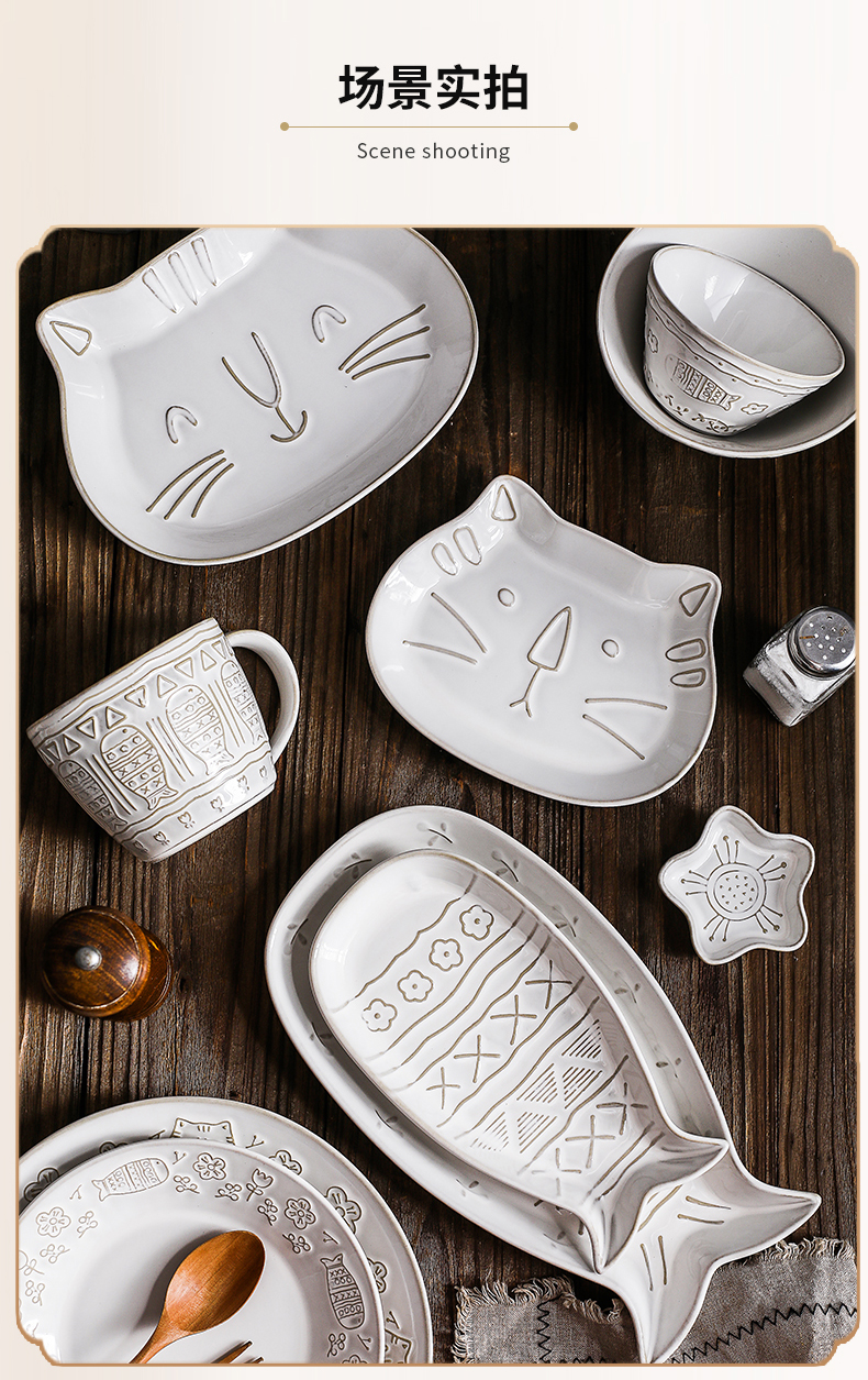 Japanese cartoon both white glaze ceramic tableware of creative move cat relief job web celebrity home dish dish fish dish