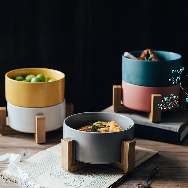 Nice to use large creative fruit salad bowl bowl dessert bowl Nordic household ceramic bowl with the wooden feet move