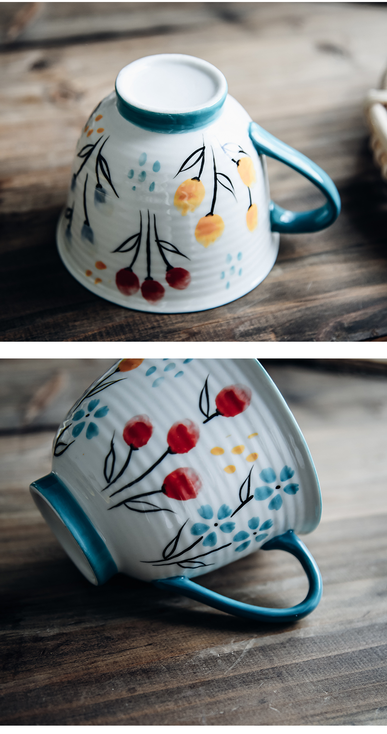 Hand color small flowers fresh Nordic ins ceramic high - capacity breakfast milk tea cup lovers mugs