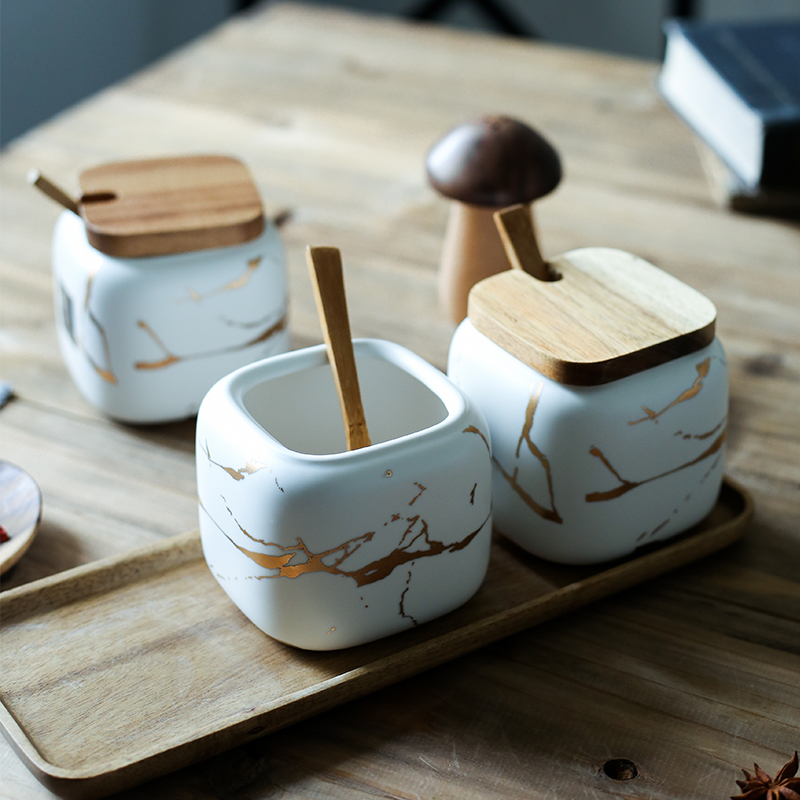 Nordic matte enrolled in marble ceramic sauce seasoning, cooking pot home box of kitchen seasoning spice bottles suit